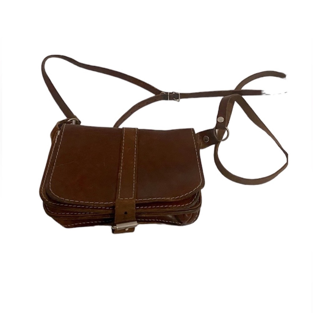 Vintage all leather mini brown side bag with buckle.